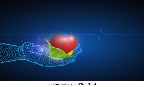 Vector illustration of artificial intelligence holding a human heart in hand. Science, futuristic, web, network concept, communications, high technology. EPS 10