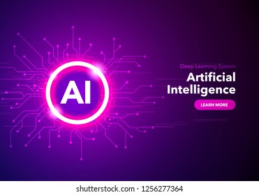 Vector Illustration artificial Intelligence landing page. Website template for ai machine deep learning technology sci-fi concept.