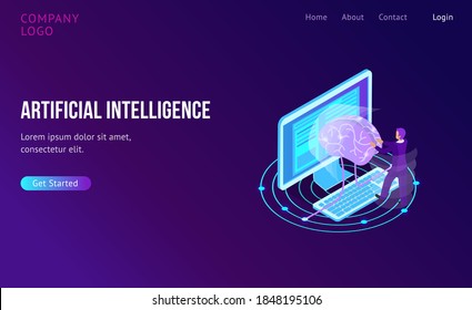 Vector Illustration artificial Intelligence landing page. Website template for Isometric scientific development of Artificial Intelligence concept.