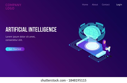 Vector Illustration artificial Intelligence landing page. Website template for Isometric scientific development of Artificial Intelligence concept.