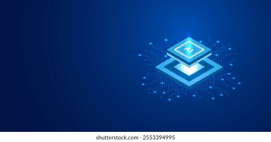 Vector illustration Artificial intelligence logo AI isometric with modern technology circuit board.