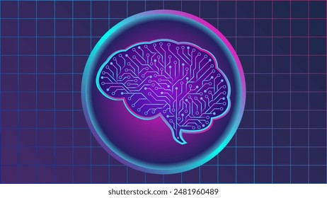 Vector illustration of Artificial Intelligence in neon color, featuring a circle and brain with electrical circuit as graphic elements. This is suitable for topics related