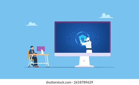 Robot de inteligencia artificial de Ilustración vectorial para proteger los datos personales del usuario, ciberseguridad potenciada por IA. Encriptación y formación en seguridad compatibles con IA