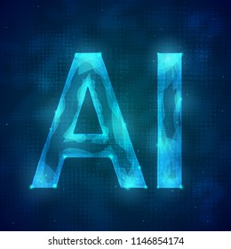 Vector illustration of artificial intelligence symbol. AI symbol icon from lines and dots. Glow object. Wireframe geometry on dark blue background.