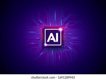 Vector Illustration Artificial Intelligence Technology Background With Cyber Chip And Letters AI.