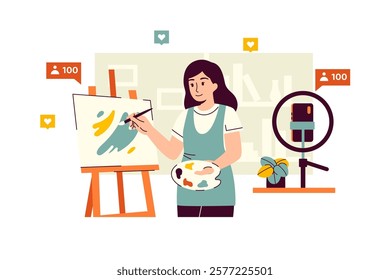 Vector illustration of an artist blogger painting a picture and shooting a video for social networks on her device. A woman with a palette in her hand shows an online master class in painting