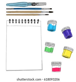 Vector illustration of artist creative set acrylic sketchbook and brushes