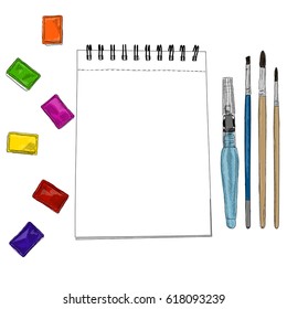 Vector illustration of artist creative set watercolors sketchbook and brushes