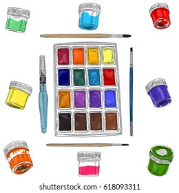 Vector illustration of artist creative set acrylic watercolors and brushes