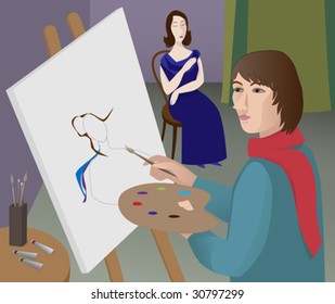 Vector illustration of an artist and model