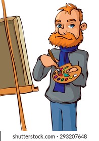 Vector illustration of artist painter with brush and palette wearing scarf