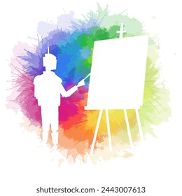 Vector illustration of artist robot silhouette with an easel on watercolor rainbow splashes. Exploring creativity with artificial intelligence. Techno creativity. Cyborg creator.  