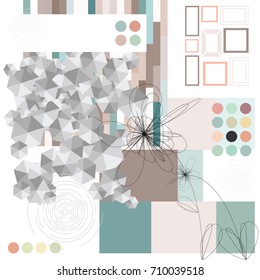 vector illustration of artistic abstract composition in neutral colors with geometrical shapes and graphic style flowers for backgrounds
