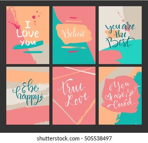 Vector illustration.Set of artistic creative cards.A collection of romantic cards. Modern posters.Hand drawn texture.