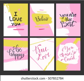 Vector illustration.Set of artistic creative cards.A collection of romantic cards. Modern posters.Hand drawn texture.