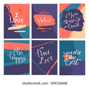 Vector illustration.Set of artistic creative cards.A collection of romantic cards. Modern posters.Hand drawn texture.