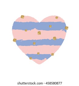 Vector illustration artistic hand drawn heart in trendy colors serenity and rose quartz with golden texture. Wedding, anniversary, birthday, holiday, party. Design for poster, card, invitation.