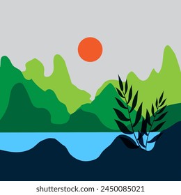 Vector illustration, artistic landscape in green tones.