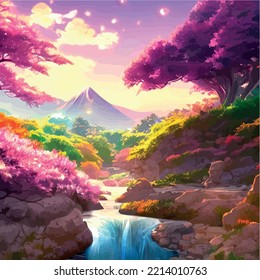 vector illustration. artistic picture Japan volcanic mountains. Asian scenic wallpaper with cherry trees Mount Fuji background. Extremely beautiful pink trees with volumetric light in anime style. 