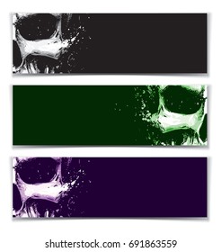Vector illustration of an artistic render of a human skull. Set of 3 Banners with space for your text. Artwork, splashes, extra splashes and drop shadow on separate layers.