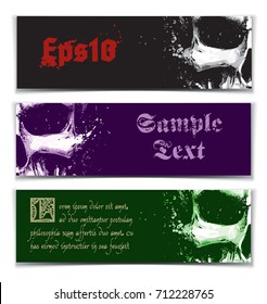 Vector illustration of an artistic render of a human skull. Set of 3 Banners with space for your text. Artwork, splashes and extra splashes text and drop shadow on separate layers.