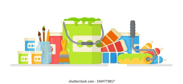 Vector illustration of the artist's concept. Standard drawing set. Lots of different paints for drawing and construction.