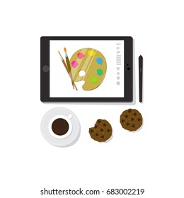 Vector illustration of an artist's palette on a tablet's screen. Simple workspace scene.