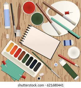 Vector illustration of artists wooden workspace