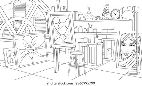 Vector illustration, artist's workshop studio, coloring book.