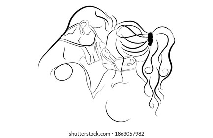 A vector illustration artwork of bride and groom kissing each other wearing mask. Covid - 19, Pandemic.