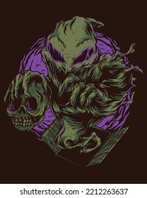 vector illustration artwork of a ghost figure coming out of a magic book, and the ghost is carrying a human skull
