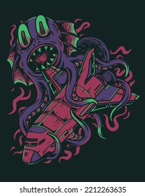 vector illustration artwork of a giant octopus attacking a rocket