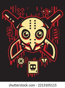 vector illustration artwork of an owl's head character behind which there are two swords