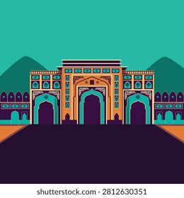 Vector illustration artwork of The royal gate inspired by the Gates of Jaipur, Rajasthan. Custom editable artwork with royal color palate. 