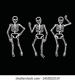 Vector illustration artwork set. Dancing skeletons, Halloween-party fun.