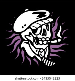 vector illustration artwork of skeleton skull head wearing flat cap classic hat with tie and smoking cigarette.Can be used as Logo, Brands, Mascots, tshirt, sticker,patch and Tattoo design.
 svg