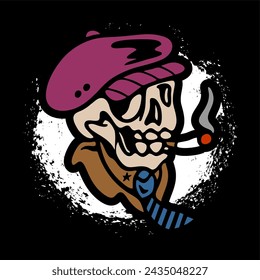 vector illustration artwork of skeleton skull head wearing flat cap classic hat with tie and smoking cigarette.Can be used as Logo, Brands, Mascots, tshirt, sticker,patch and Tattoo design.
 svg