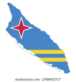 Vector illustration of Aruba in the shape of its island outline, filled with the Aruban flag colors. Clean flat design featuring light blue field with red star and yellow stripes. Minimal geographic silhouette suitable for education, travel, and infographic use. Isolated scalable composition for digital and print projects.