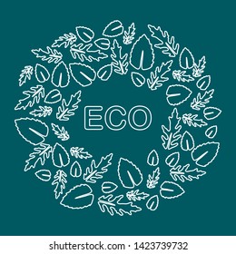 Vector illustration with arugula and basil leaves. Eco design. Vegan, natural, bio. Organic background. Design for banner, poster, textile, print.