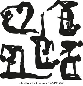 Vector illustration of asanas for yoga in couple
Set of the female and man's silhouettes doing yoga asanas symbolizes a healthy lifestyle. Yoga with partner
