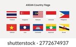 Vector illustration of ASEAN country flags, including Thailand, Singapore, Malaysia, Indonesia, Philippines, Vietnam, Laos, Cambodia, Myanmar, and Brunei.