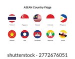 Vector illustration of ASEAN country flags, featuring circular designs for Thailand, Singapore, Malaysia, Indonesia, Philippines, and more.