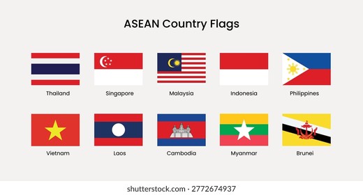 Vector illustration of ASEAN country flags, including Thailand, Singapore, Malaysia, Indonesia, Philippines, Vietnam, Laos, Cambodia, Myanmar, and Brunei.