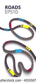 Vector illustration. Asfalt roads with a lot of cars and trucks on white background. Concept of travel,Vector Template Background, Illustration EPS 10.