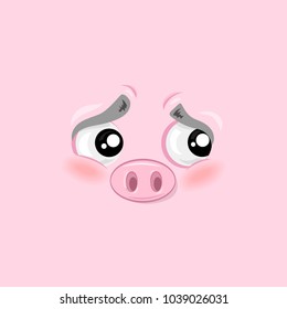 Vector illustration of the ashamed cute pig face on pink background.