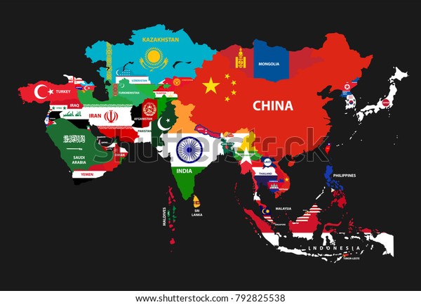 Vector Illustration Of Asia Continent Map With Countries Mixed With Their National Flags 9895