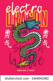 Ilustración vectorial de la serpiente asia dragón en el estilo retro gráfico de los años 80. Las palabras kanji japonesas significan coraje.