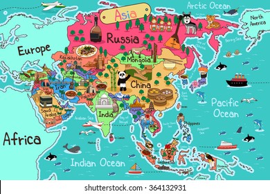 A vector illustration of Asia map in cartoon style