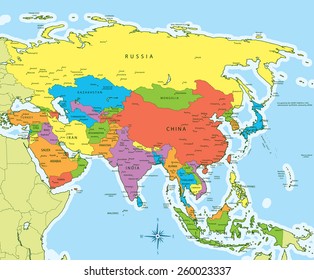Vector illustration of Asia map with countries in different colors. Each country has its capital and major cities. Global colors used.