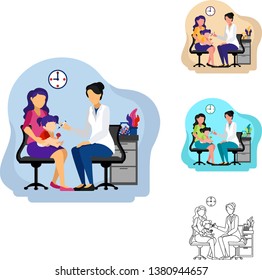 Vector Illustration of Asian American Pediatric doctor doing health check on a girl kid toddler patient who has fever. It'll be suitable for banner, homepage, infographic, poster, flyer, website, etc
